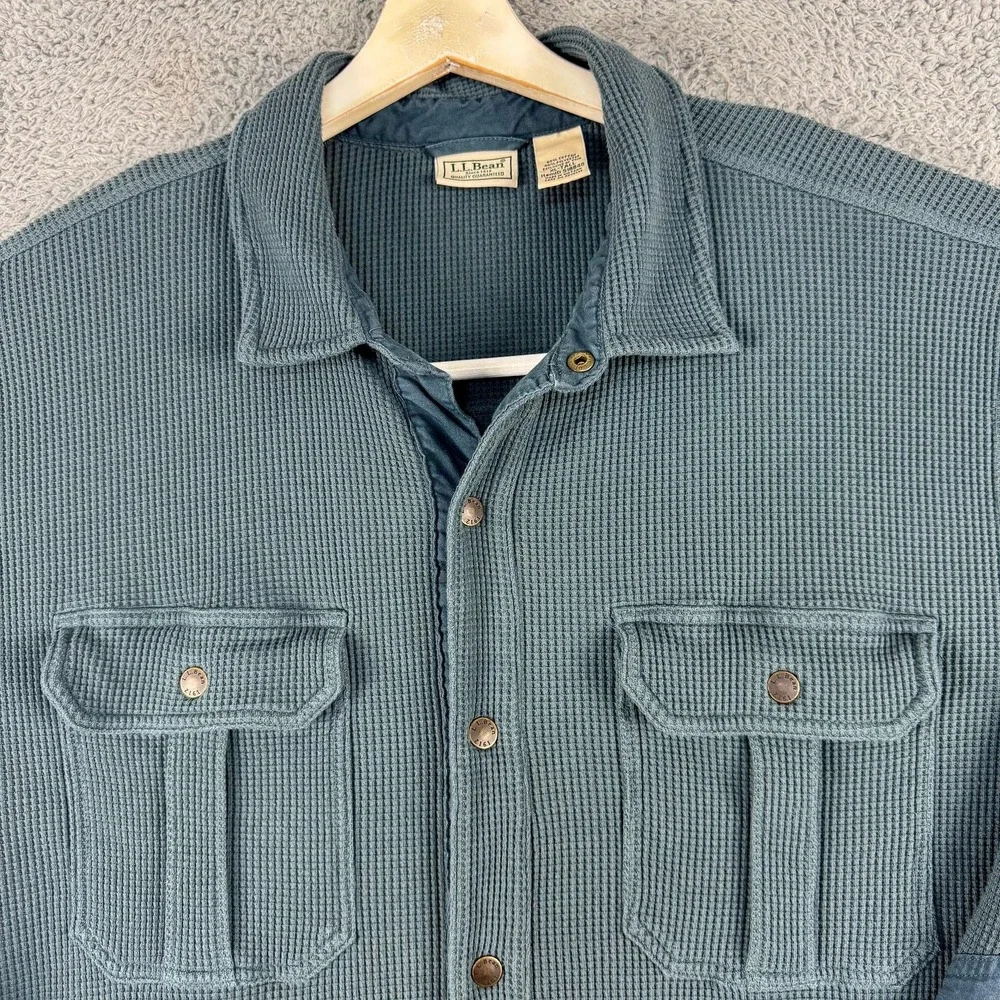 LL Bean Shirt Jacket Mens XL Tall‎ Blue Waffle Knit Snap Front Thermal 518840